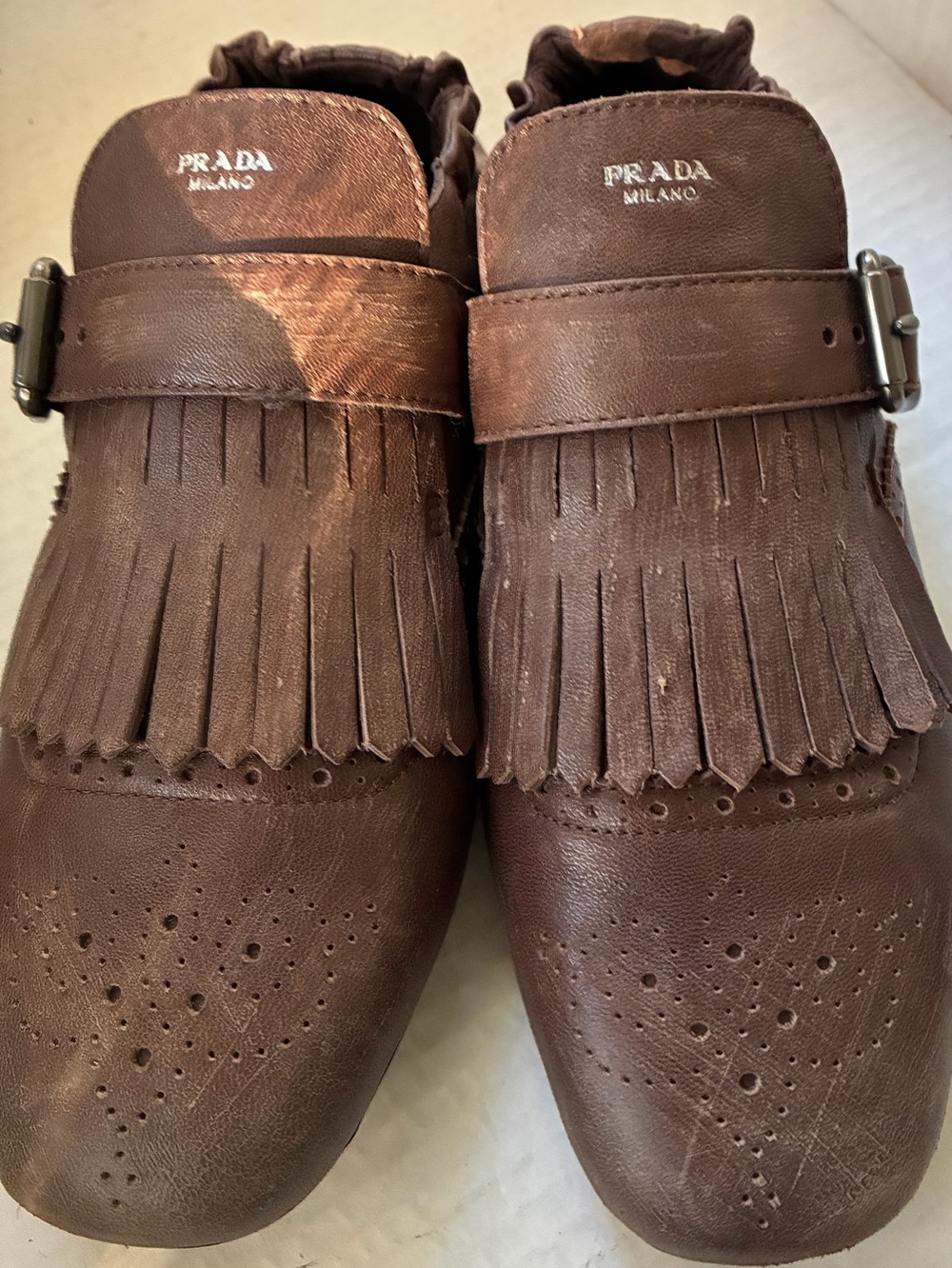 PRADA Leather Shuffle Fringed Monk Strap Loafer Shoes - Brown - 38-7.5 Italy